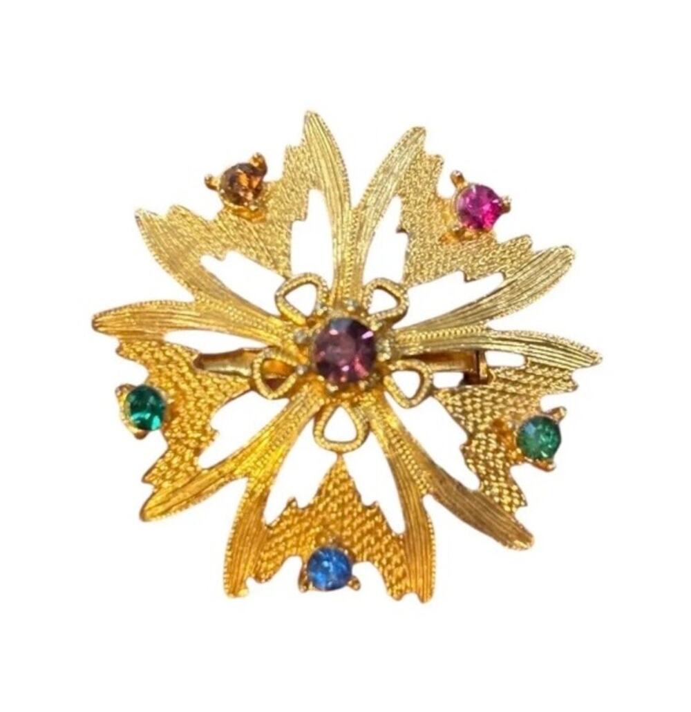 Vintage Multicolor Rhinestone Starburst Flower Brooch Gold Tone Leaf Pin